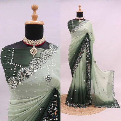 Pure Georgette Mirror Work Saree