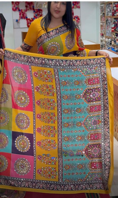 Digital Print And Mirror Work Saree