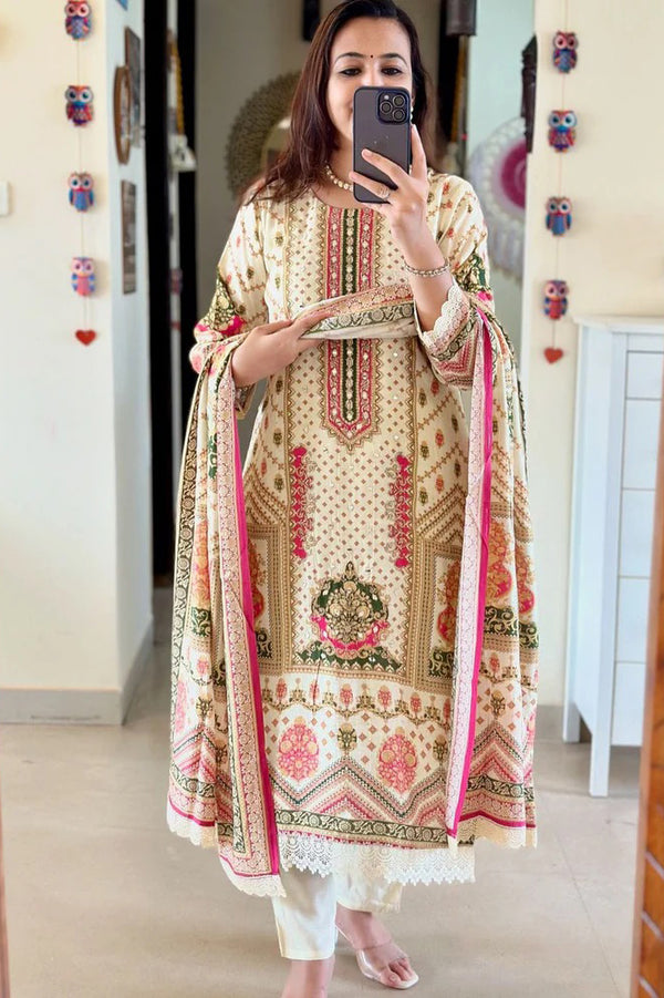 Muslin Banana Silk Suit Set with Handcrafted Embroidery and Digital Prints