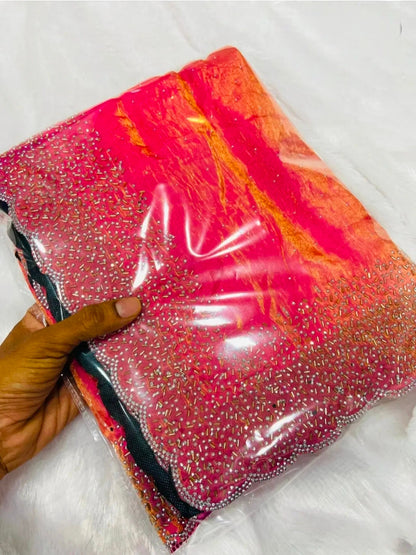 Premium Fandy Satin saree pure hand diamond work