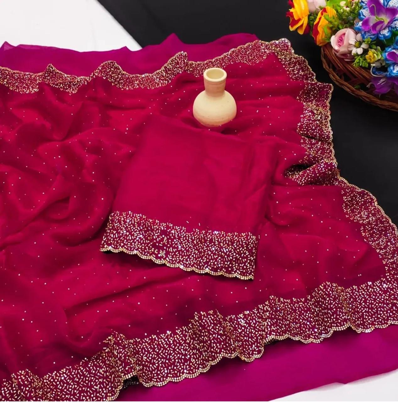 Premium Fandy Satin saree pure hand diamond work