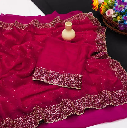 Premium Fandy Satin saree pure hand diamond work