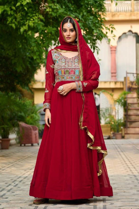 embroidered work long gown with dupatta