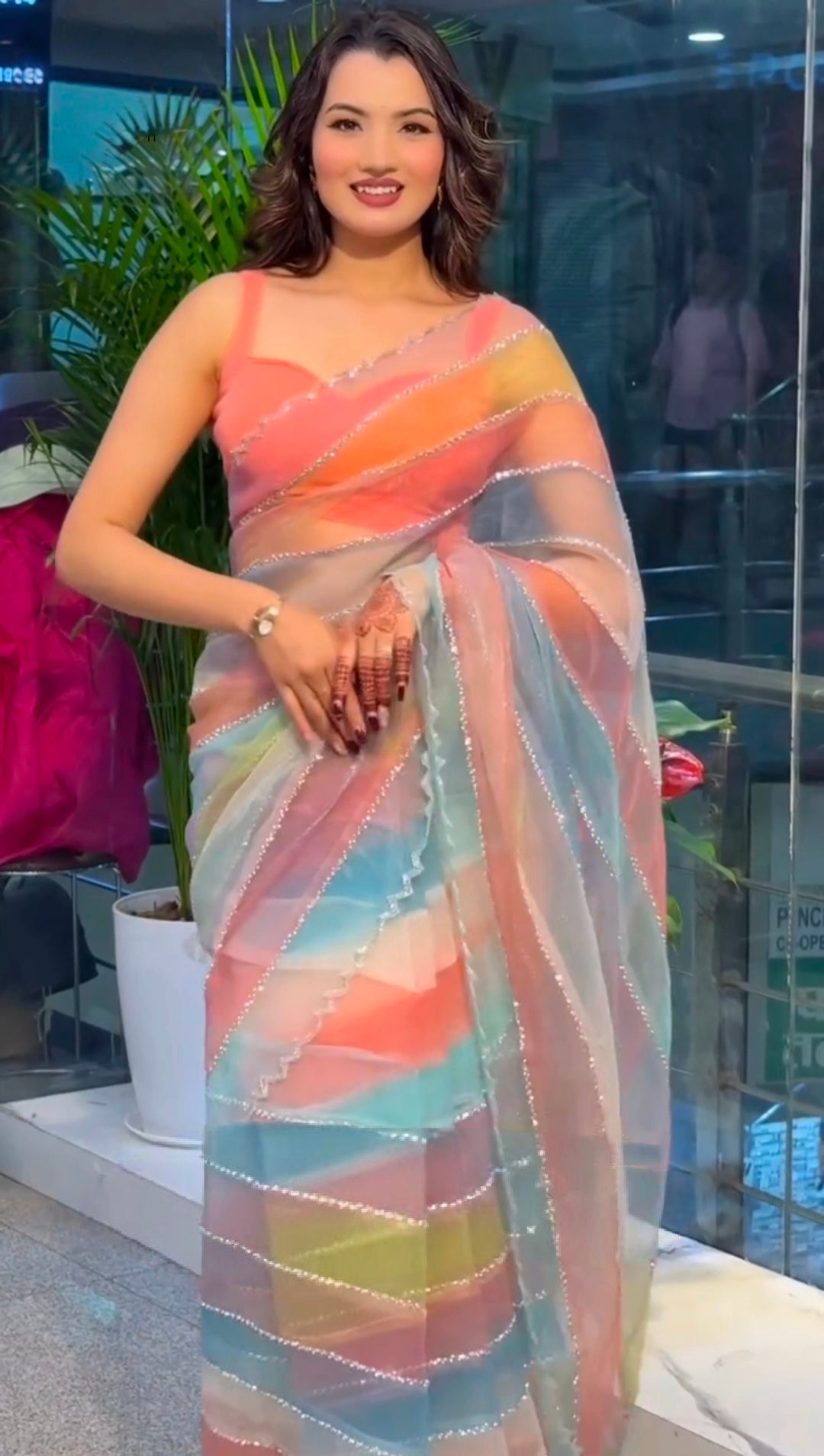 Multi colour pure hand work diamond stone work saree