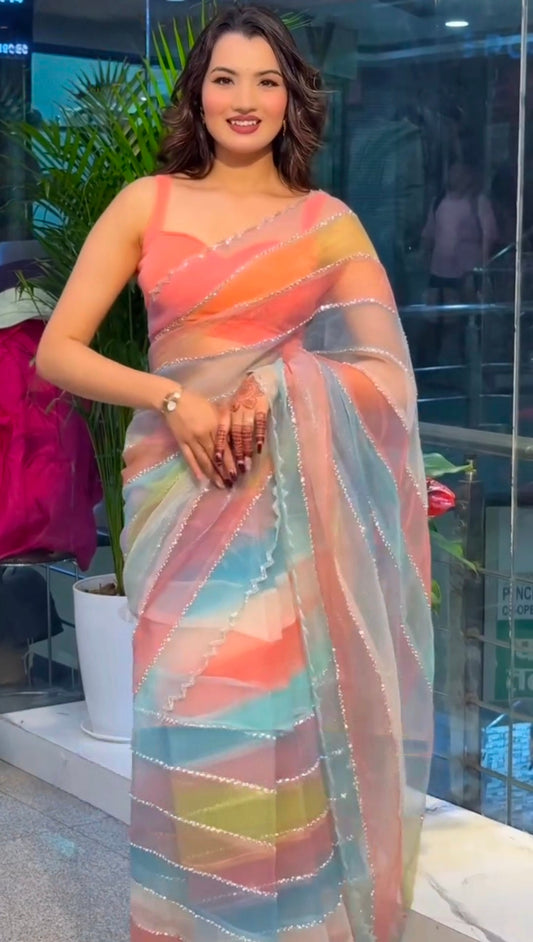 Multi colour pure hand work diamond stone work saree