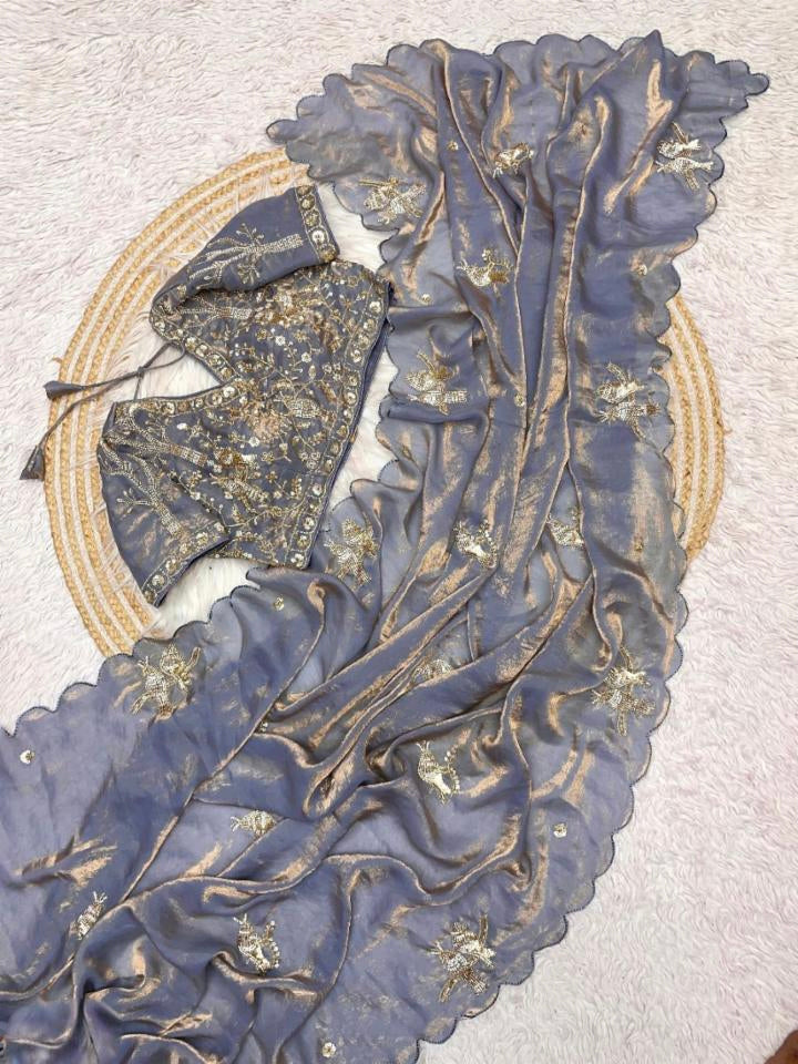 PURE SOFT FANDY SATTIN SILK  HAND WORK SAREE