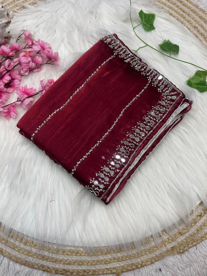 Women,s New Mirror Handwork Jimmy Choo Saree